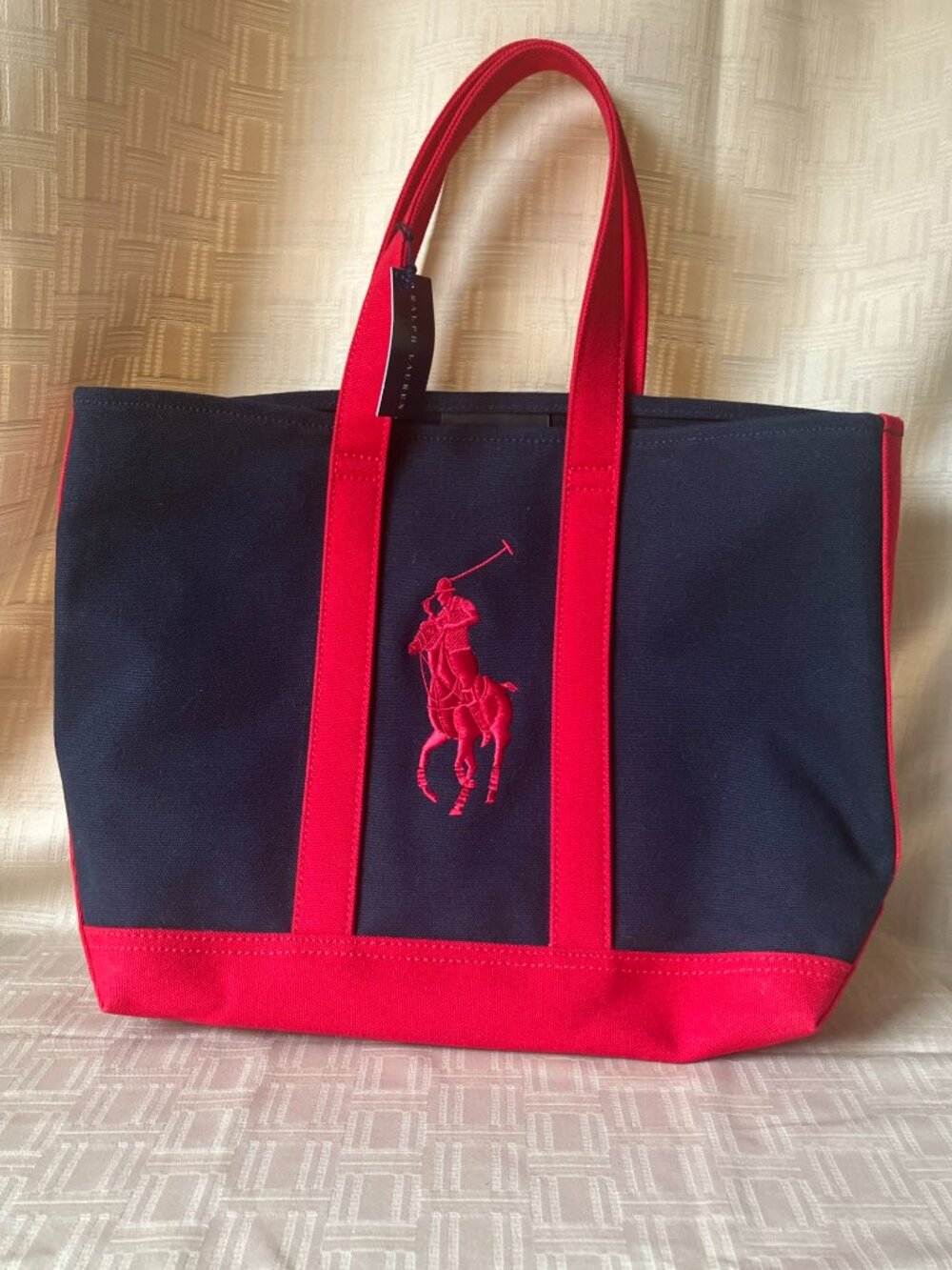 NWT Polo Ralph Lauren Canvas Tote Bag Navy Red Big Pony Shopper Shoulder Bag
